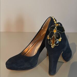 Anthropologie x Miss Albright Elegant Navy Suede Heels with Jewel Accent